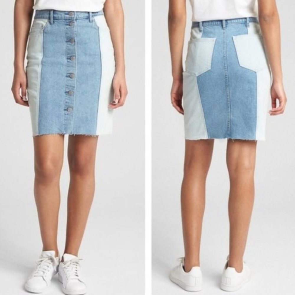 Two tone color block frayed denim skirt